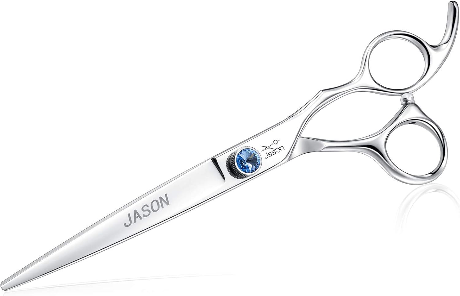 Dog Grooming Scissors Shears - 7" Straight Ergonomic Pet Trimming Kit | Premium Cats Shear with Offset Handle and Jewelled Screw, Sharp, Comfortable, Gift