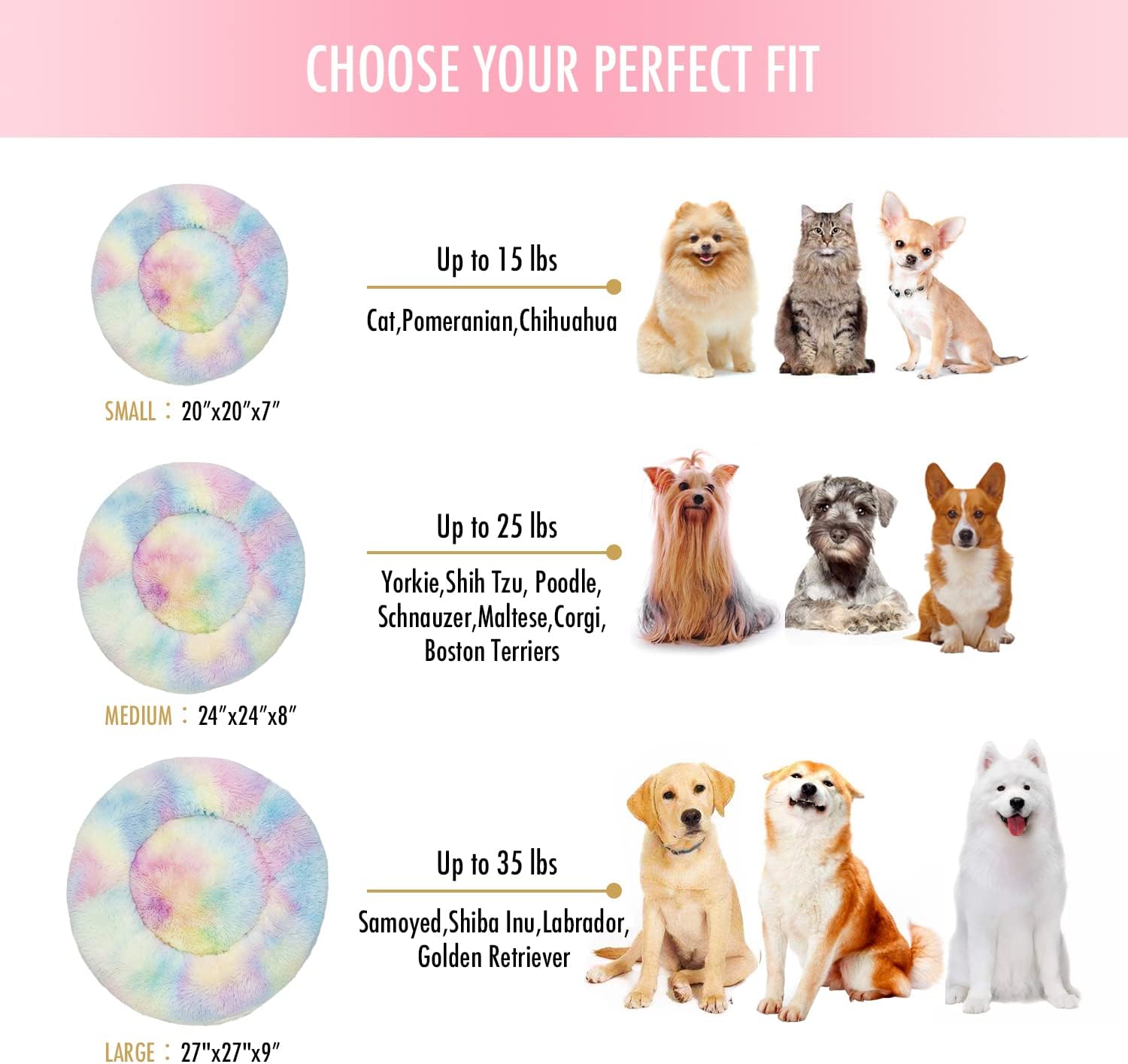 Anti Anxiety round Fluffy Plush Faux Fur Warm Washable Dog Bed & Cat Bed, Original Bed for Small Medium Large Pets,Used to Relieve Joints and Improve Sleep(20"/24"/27'') (20", Rainbow)