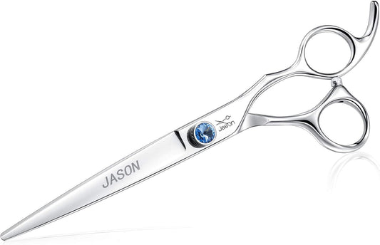 Dog Grooming Scissors Shears - 7" Straight Ergonomic Pet Trimming Kit | Premium Cats Shear with Offset Handle and Jewelled Screw, Sharp, Comfortable, Gift