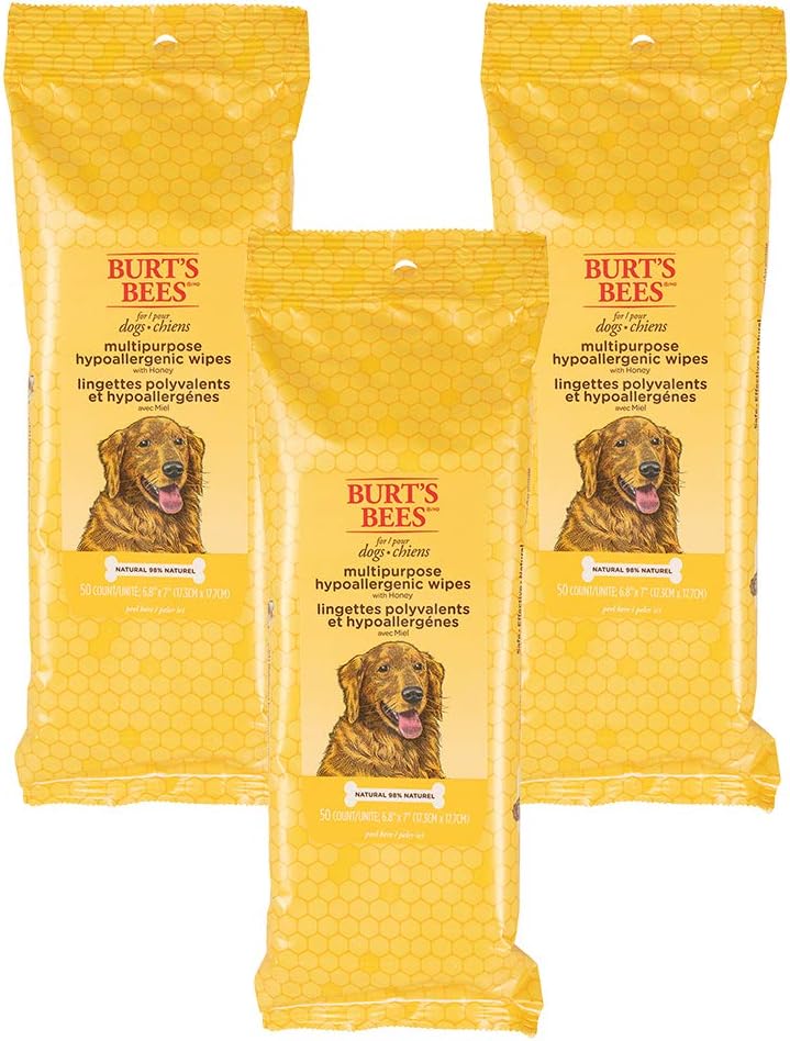 Burts Bees for Pets Honey Multipurpose Dog Grooming Wipes, 50 Count, 3-Pack | Honey Formula, Hypoallergenic Spot-Cleaning, Ph Balanced, Paws Face and Butt