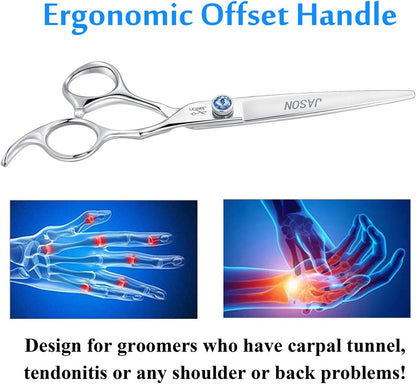 Dog Grooming Scissors Shears - 7" Straight Ergonomic Pet Trimming Kit | Premium Cats Shear with Offset Handle and Jewelled Screw, Sharp, Comfortable, Gift
