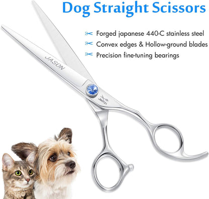 Dog Grooming Scissors Shears - 7" Straight Ergonomic Pet Trimming Kit | Premium Cats Shear with Offset Handle and Jewelled Screw, Sharp, Comfortable, Gift