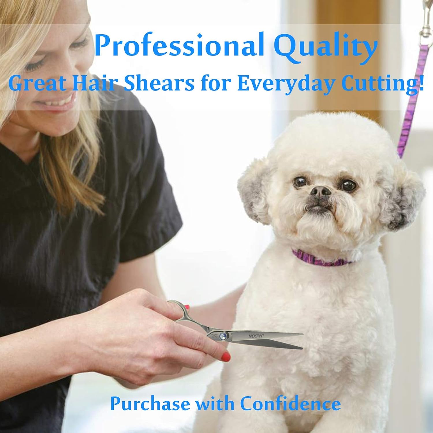 Dog Grooming Scissors Shears - 7" Straight Ergonomic Pet Trimming Kit | Premium Cats Shear with Offset Handle and Jewelled Screw, Sharp, Comfortable, Gift