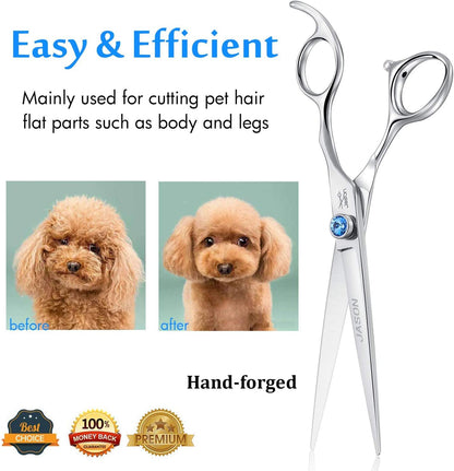 Dog Grooming Scissors Shears - 7" Straight Ergonomic Pet Trimming Kit | Premium Cats Shear with Offset Handle and Jewelled Screw, Sharp, Comfortable, Gift
